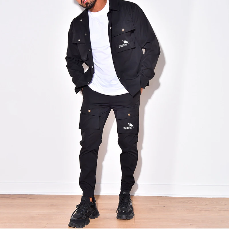 Autumn New Men's Casual Set Style Men's Outdoor Multi Pocket Solid Color Fashion Coat Top Long Sleeve Long Pants Two Piece Set