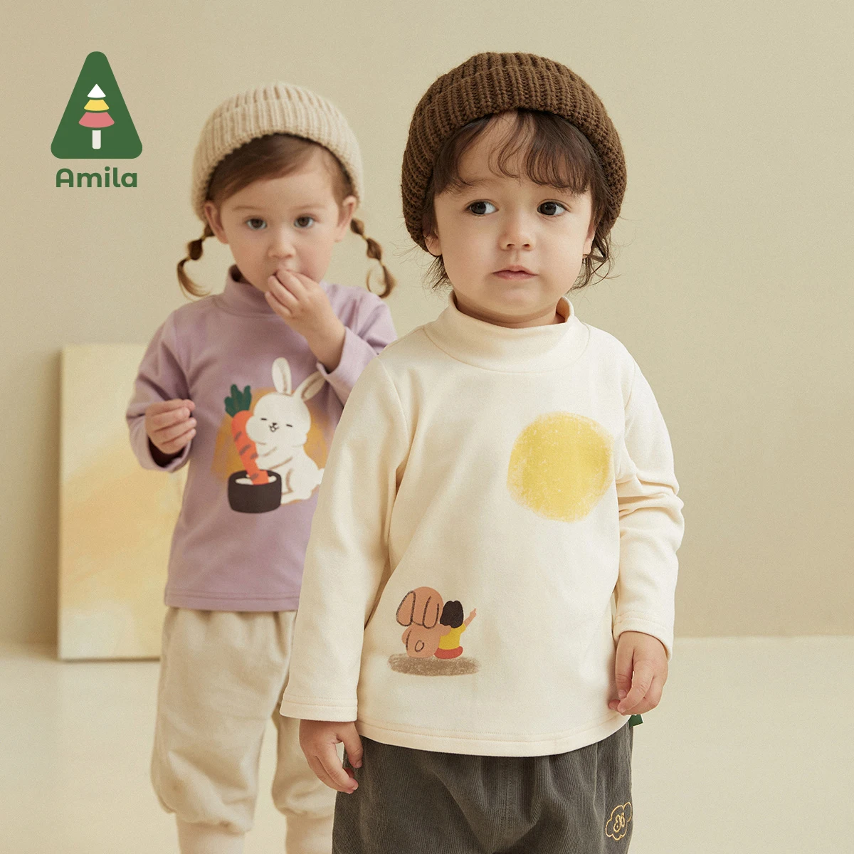 Amila Baby T-shirt Autumn High-collar Long Sleeves For Boys and Girls Soft Moon Rabbit Children Clothes Cartoon