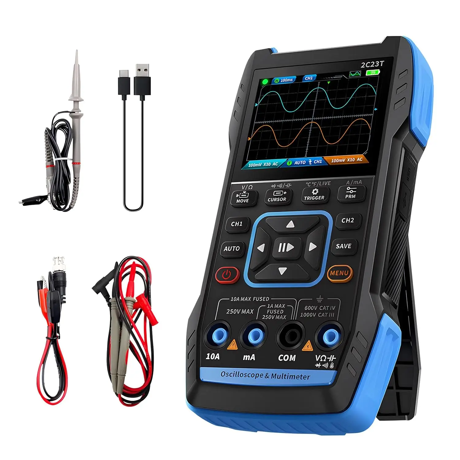 

Handheld Multimeter 3-in-1 Digital Oscilloscope 2-Channel Automatic Calibration, 9999 Counting Signal Generator 10MHz Bandwidth