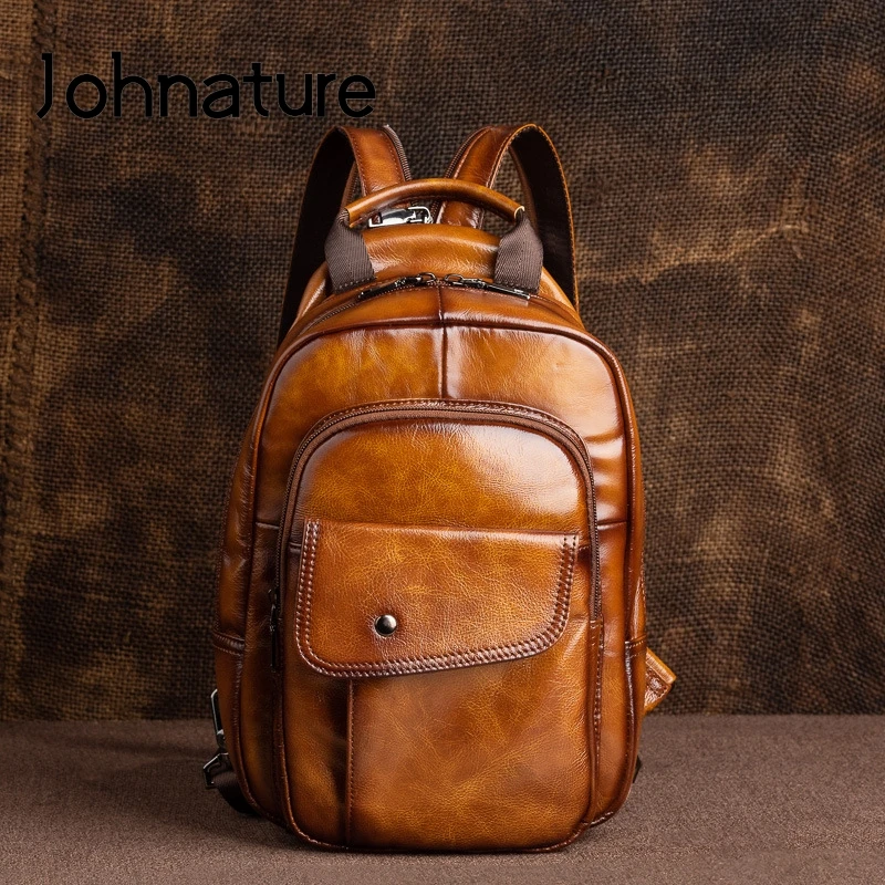 Johnature 2025 New Retro Men Mini Backpack Genuine Leather