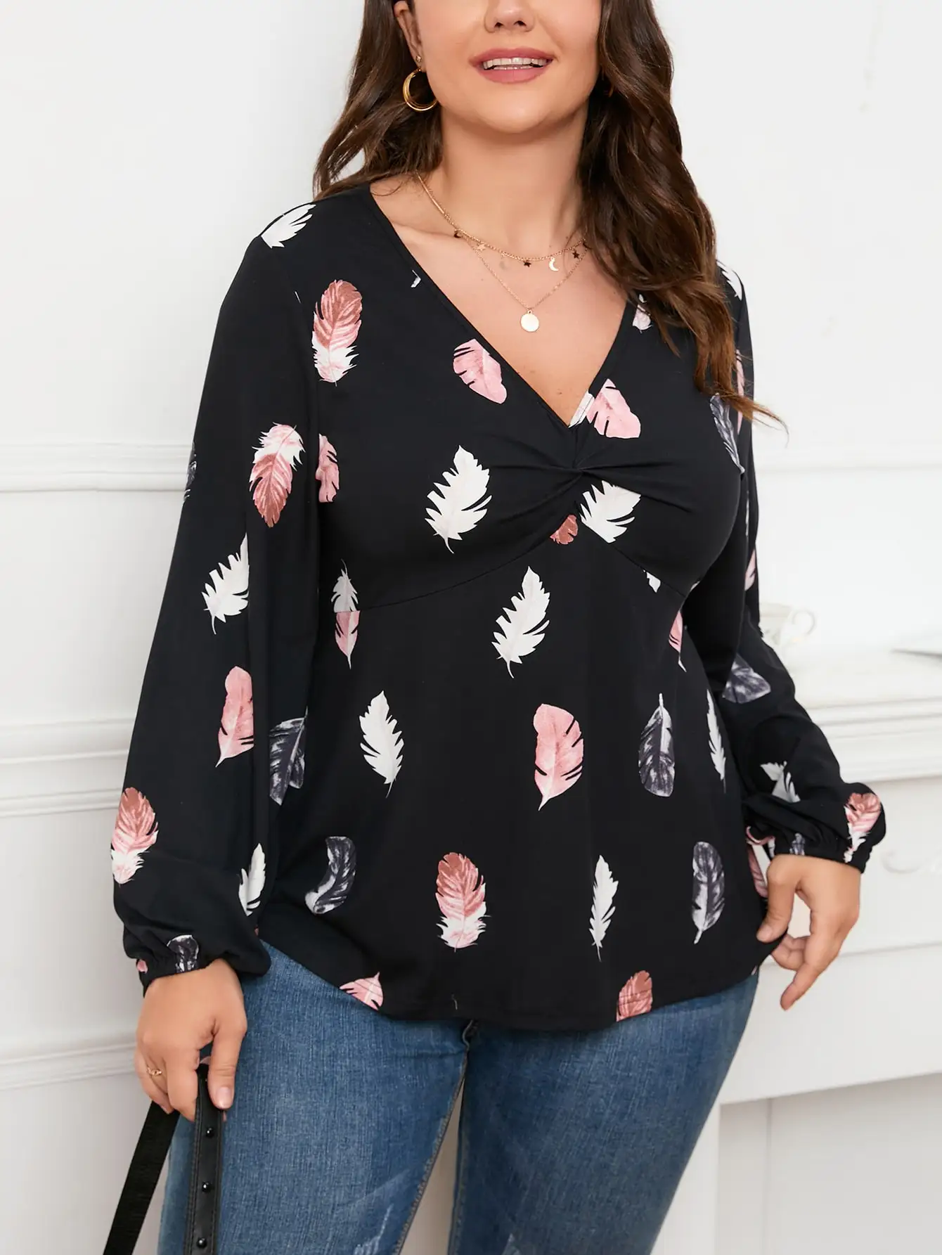 

Finjani Plus Size Women T-shirt Feather Floral Print Roll Up Sleeve Popover Tee Casual Clothing For Autumn New