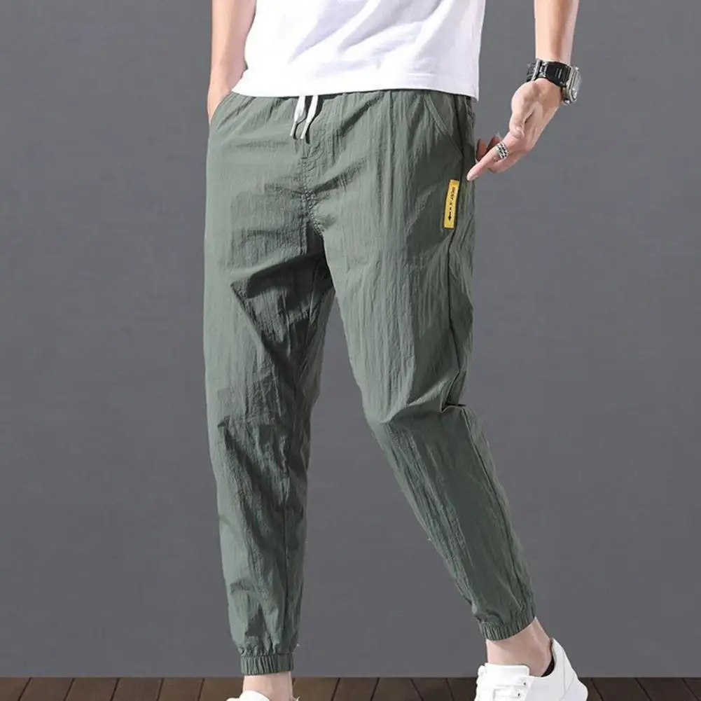 Men Trousers Non-pilling Mid-waisted Polyester Summer Lace-up Pockets Men Sweatpants Drawstring Pants Daily Wear