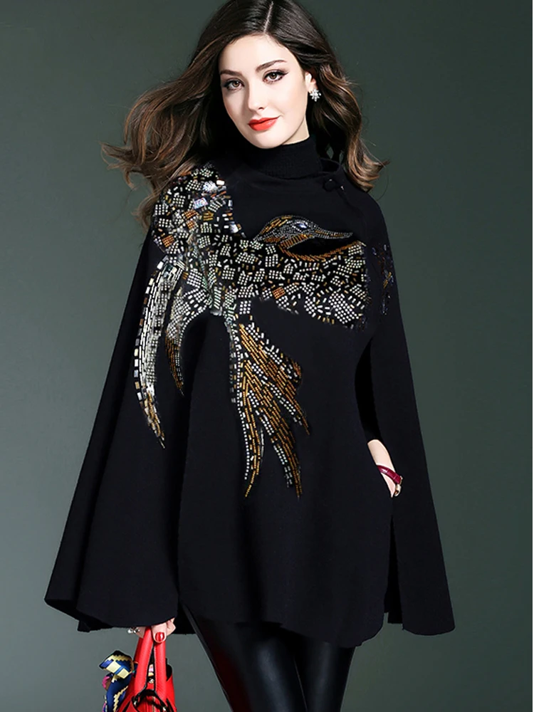 Women Stylish Knitted Cloak Coat Cape Jacket Loose Thick Bat-shaped Sweater Ponchos
