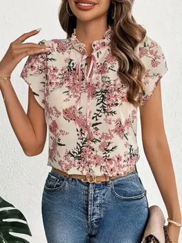 Plus Size Womens Shirt 2025 Spring Summer New Fashion High Neck Floral Print Short Sleeve T-Shirt Blouse 1