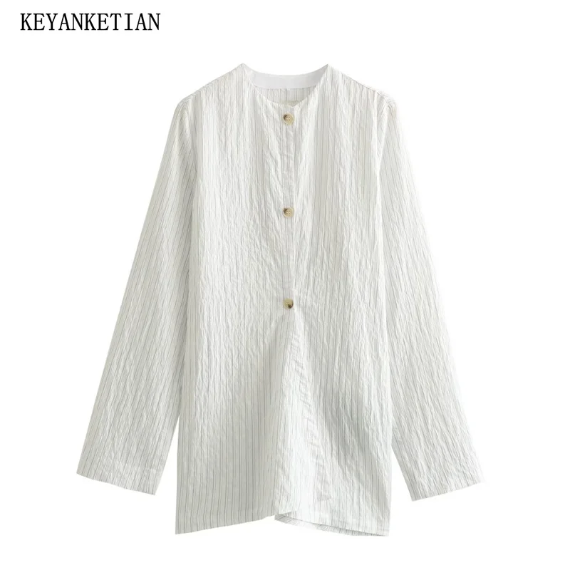 

KEYANKETIAN 2024 New Launch Women's Asymmetrical Pleating Decoration Striped Shirt O-Neck Long Sleeve Mid-length Top Blouse