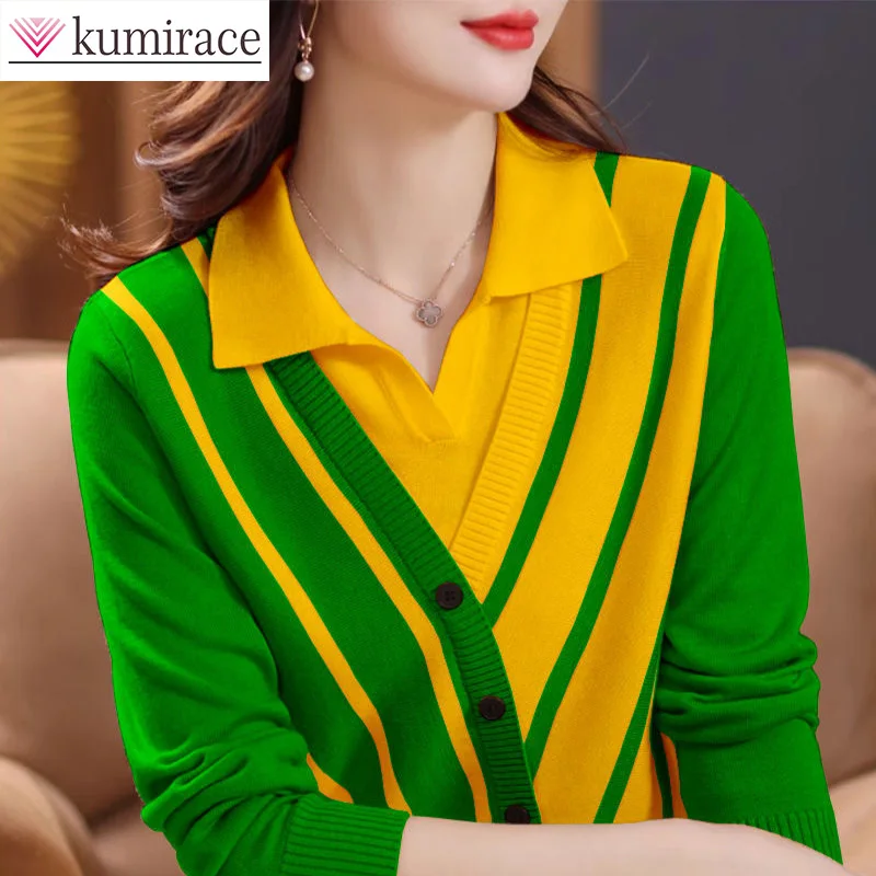 

Green Fake Two-piece Women's Long Sleeved Thin Knit Sweater Autumn and Winter 2023 New Western-style Striped Bottom Sweater