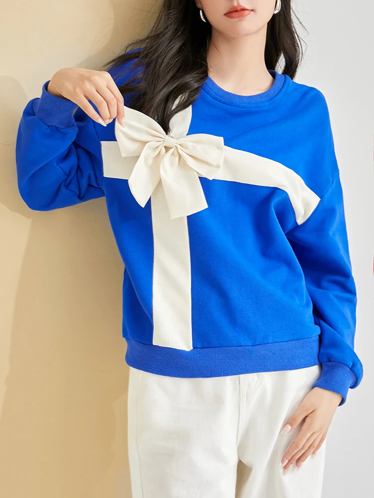 Korean Fashion Blue Women's Puff Long Sleeve Sweatshirts with Bow O-Neck Casual Loose Tunic 2024 Pullover Tops Vintage Jumper