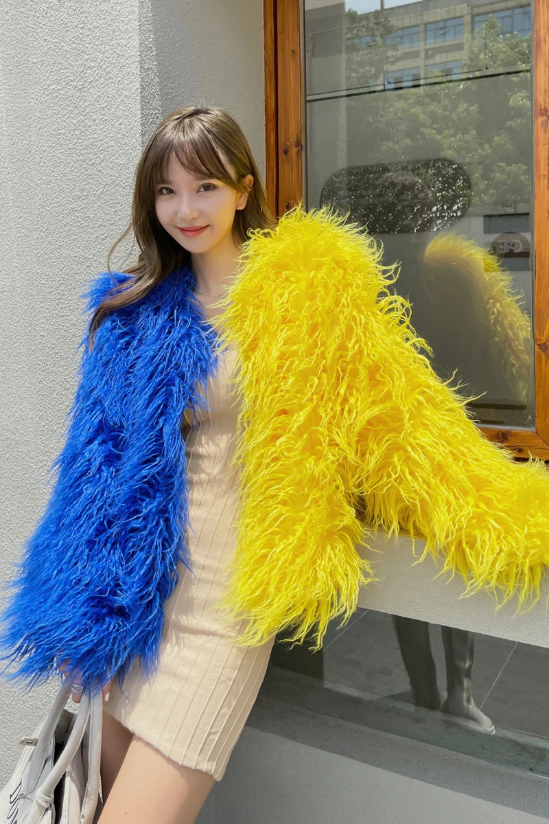 new 2023 Winter clothes Fashion Color Contrast Stitching Furry Coat Blue Mongolia Sheep Fur Green Streetwear Fur Women's Coat