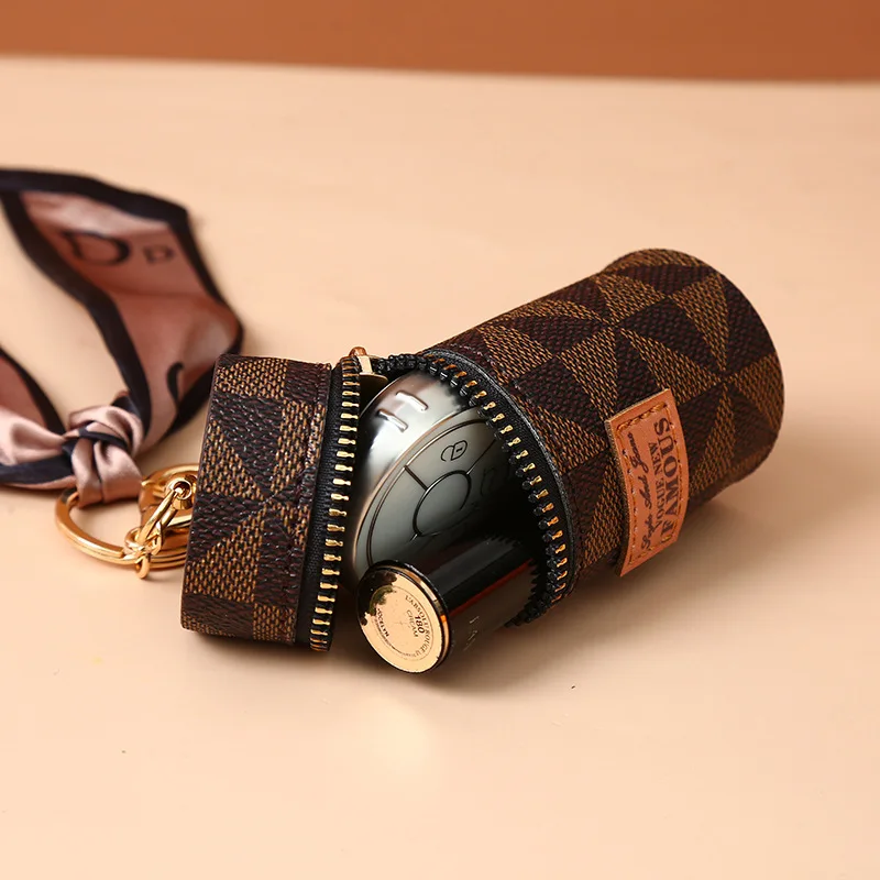 Women Luxury Keychain Accessories Leather Bucket Lipstick Bag Silk Scarf  Keyring Pendant Portable Storage Valuable Gift Creative - AliExpress