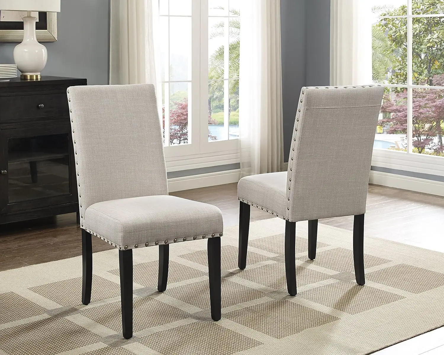 

Biony Tan Fabric Dining Chairs with Nailhead Trim, Set of 2, Brown, Tan