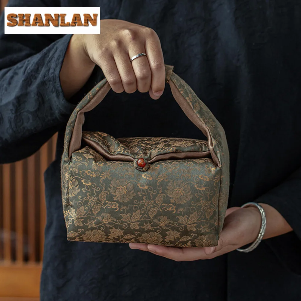 Entangled Lotus Brocade Tea Handbag Travel Portable Storage Bag Thickened Divider Teacup Teapot Cloth Hoppocket Camping Tea Bag