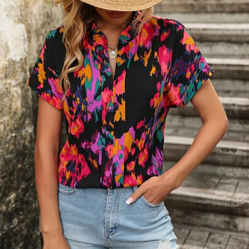 2023 New Summer Women's Clothing V-Neck Short Sleeve Chiffon Loose Sexy Fashion Casual Beachy Abstract Color-blocked Blouse