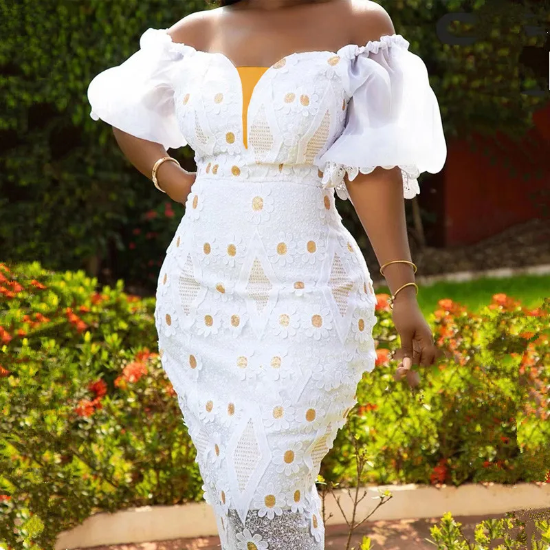 

Elegant White Applique Lace Dress Women Embroidery Short Sleeve Bodycon Midi Dress Sexy Summer Party Birthday Wedding