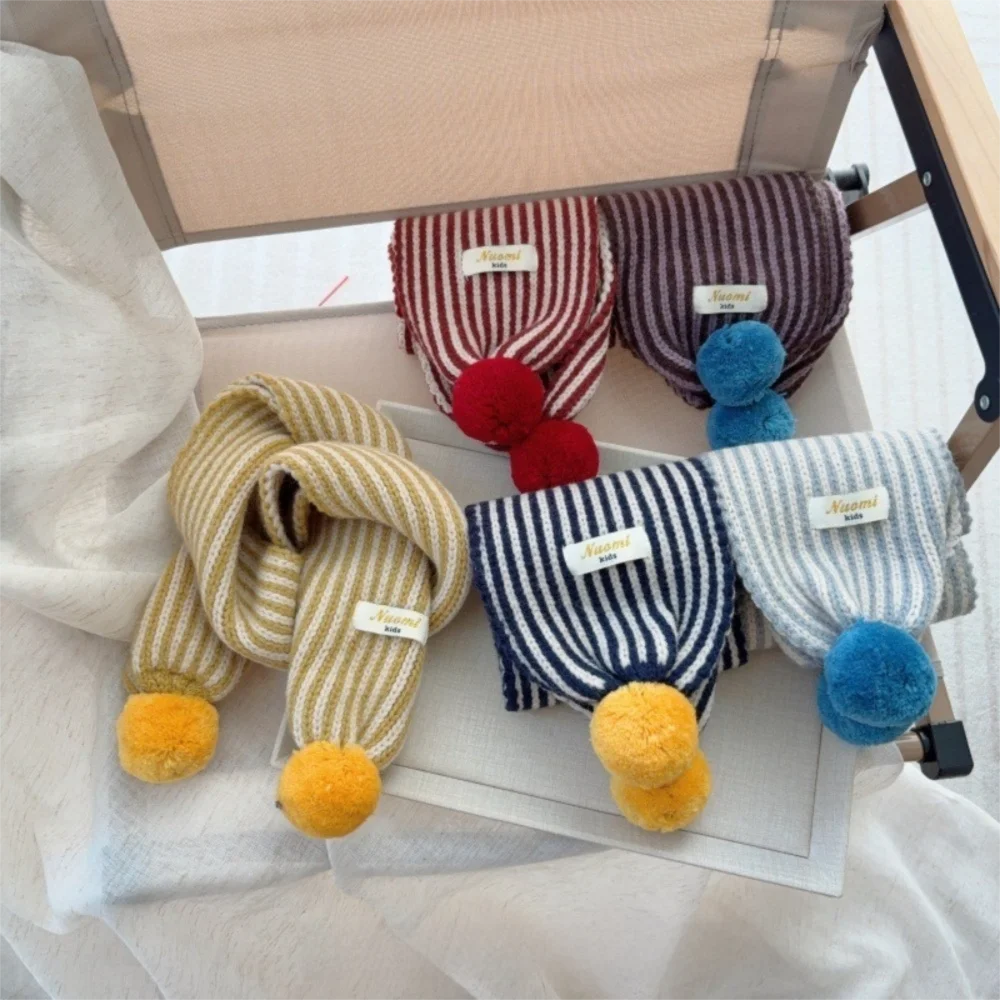 New Stripe Knitted Scarf Windproof Cold Proof Keep Warm Blanke Colorful Pom Pom Neck Warmer Winter