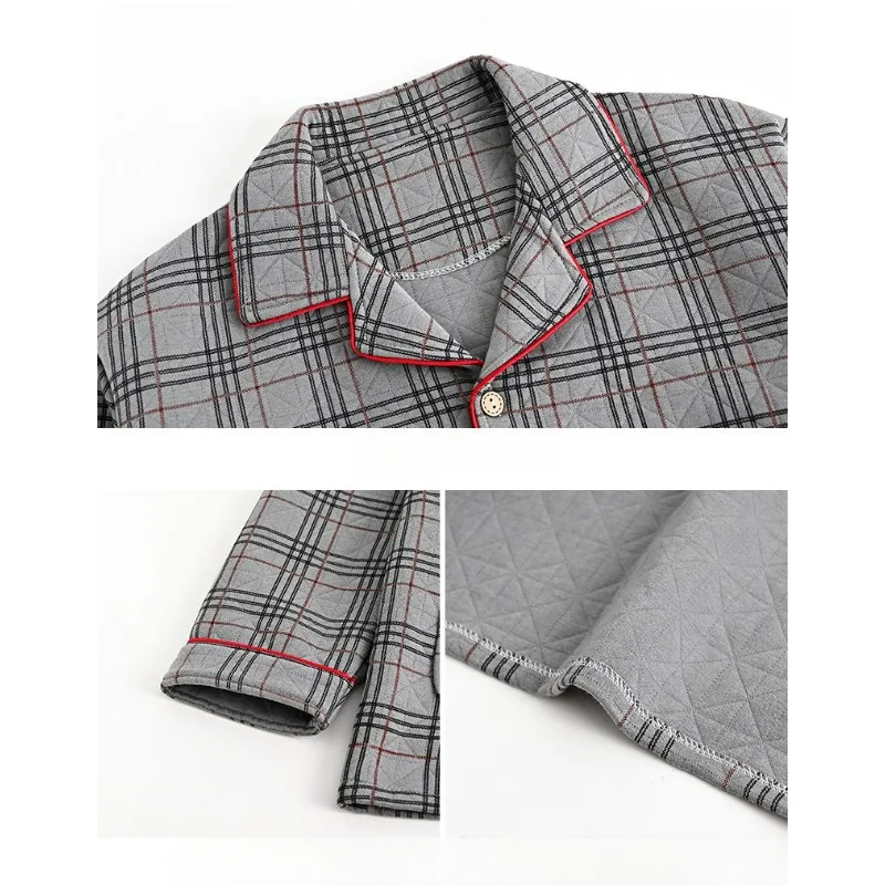 Men Pajamas Autumn Winter Knitted Cotton Casual Large Size Male Sleepwear Sets Air Cotton Medium Thick Plaid Homewear Suit 2024