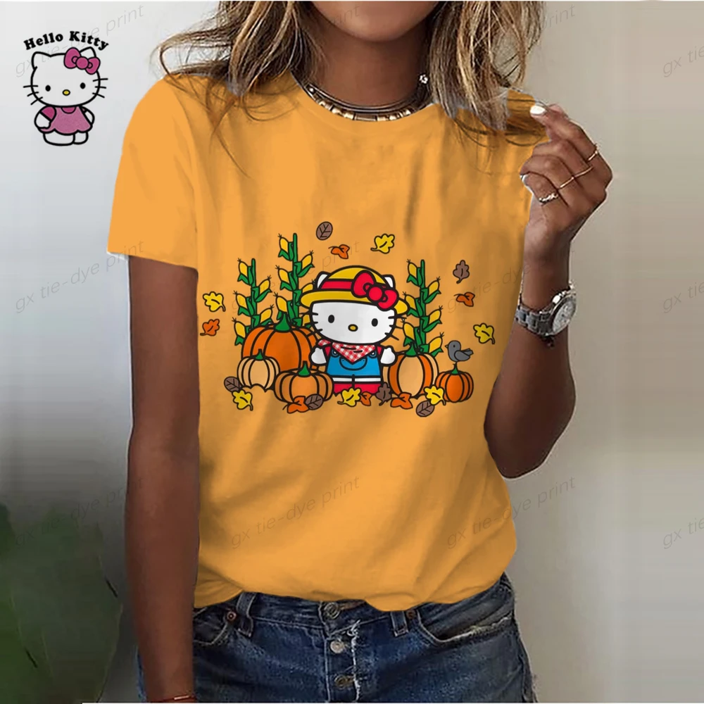 thumbnail image 1 of Camiseta de manga corta informal para mujer, con estampado de dibujos animados de Hello Kitty, para verano, 1 of 5