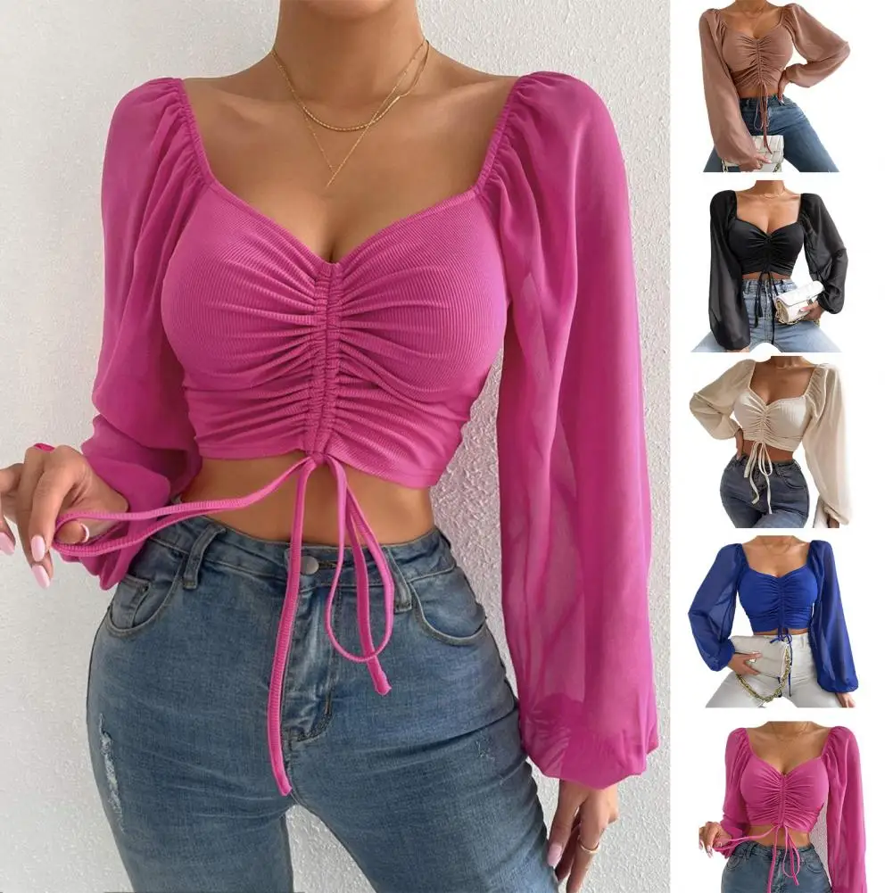 

2023 Woman’s Tops Puff Sleeve Sexy Close-Fitting Summer and Spring Lace up V-neck Fashion Solid Color Simple Long Sleeve Hot