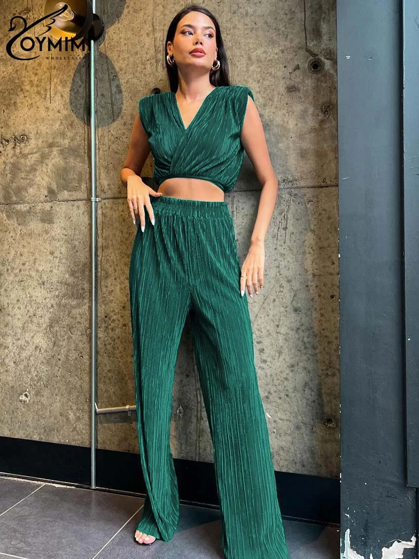 women jumpsuit casual off shoulder spaghetti strap sleeveless wide leg jumpsuits high waist pull pleated one piece jumpsuits Oymimi Fashion Green Pleated Two Piece Set For Women Elegant V-Neck Sleeveless Crop Tops And High Waist Straight Trousers Sets