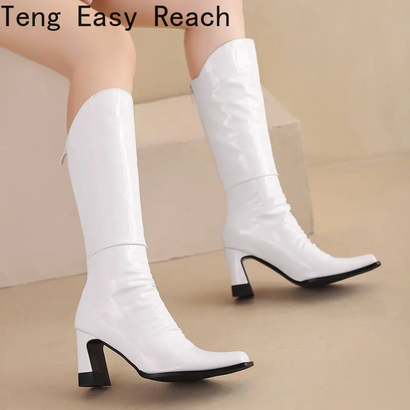 

2023 New women's patent leather knee-high boots stylish white squareToe zipper chunky heels in candy color Boots Size 34-43