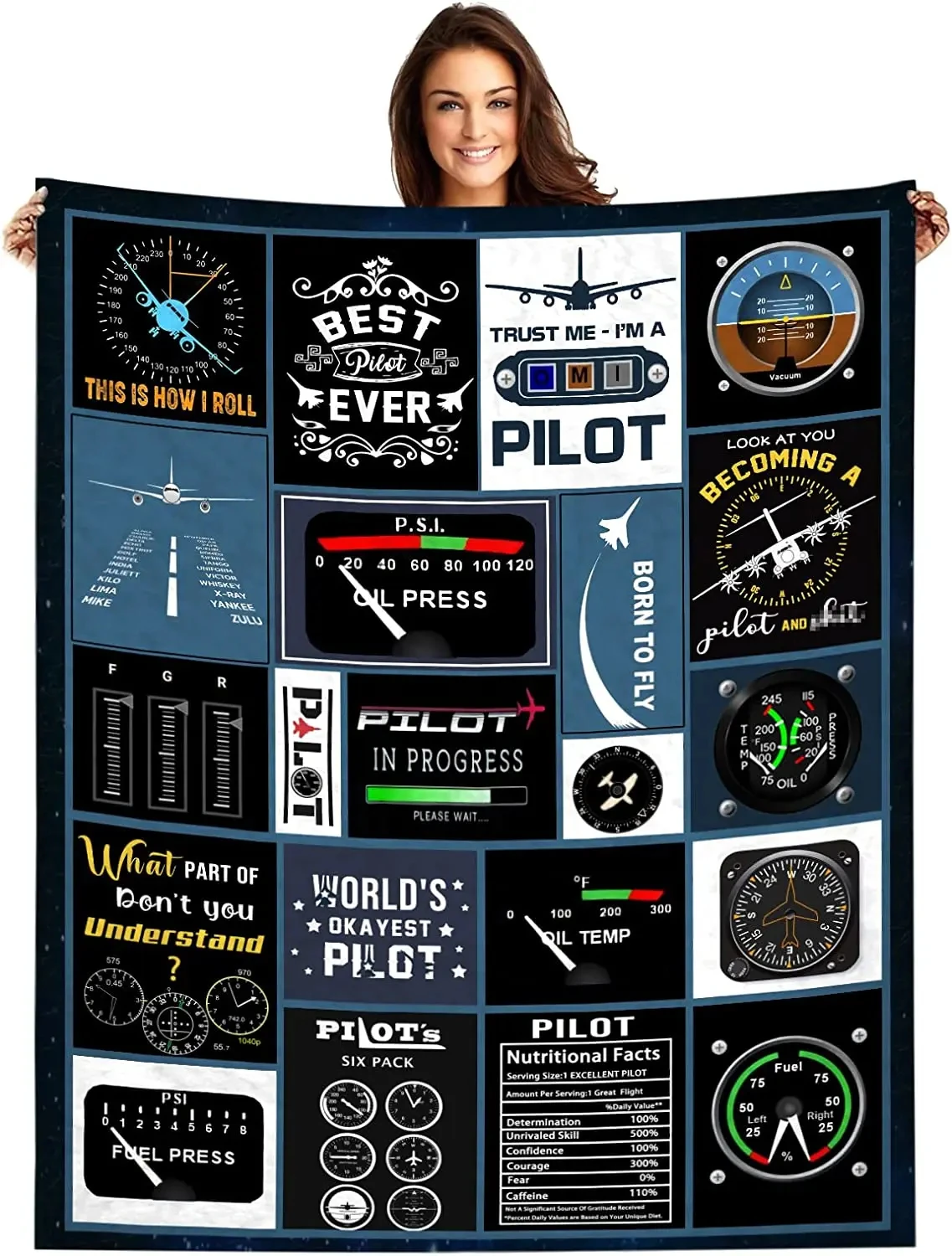 

Flight Pilot Gift for Men, Pilot Flannel Throw Blanket, Birthday Gift for Aviator Ideas Aviation Pilot Gauges Gifts Super Soft