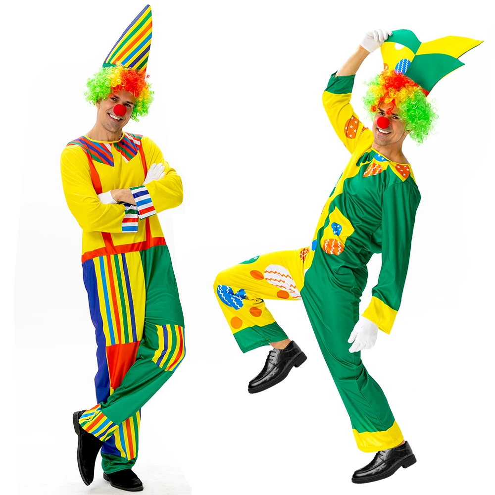 Clown Costume Jumpsuit Hat Colored Wig False Nose Adult Men Cosplay Party Clothes Entertaining Activities Dress Up