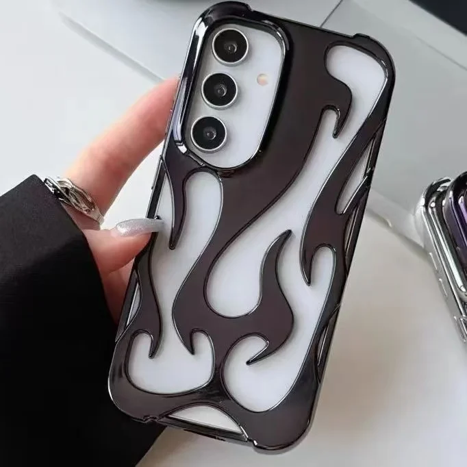 Luxury Plating Hollow 3D Flame Pattern Shockproof Soft Phone Case