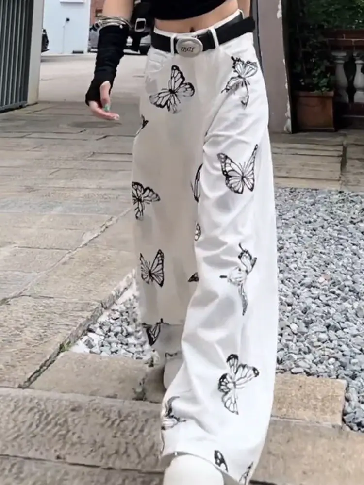 Jeans White Butterfly Print Pants Fashion Harajuku Denim Jeans Straight Ins Gothic 2024 Jeans Streetwear Mopping Pants