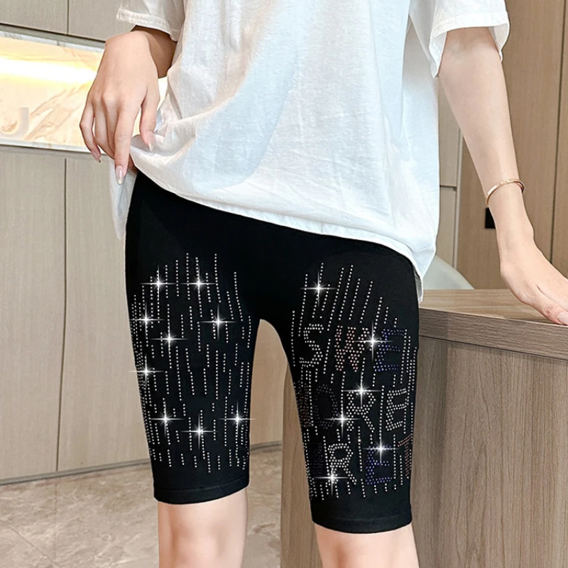 Summer New Trendy Rhinestone Cycling Shorts Women's Black Modal Knee Length Short Leggings Slim Skinny Gothic Punk Sport Shorts