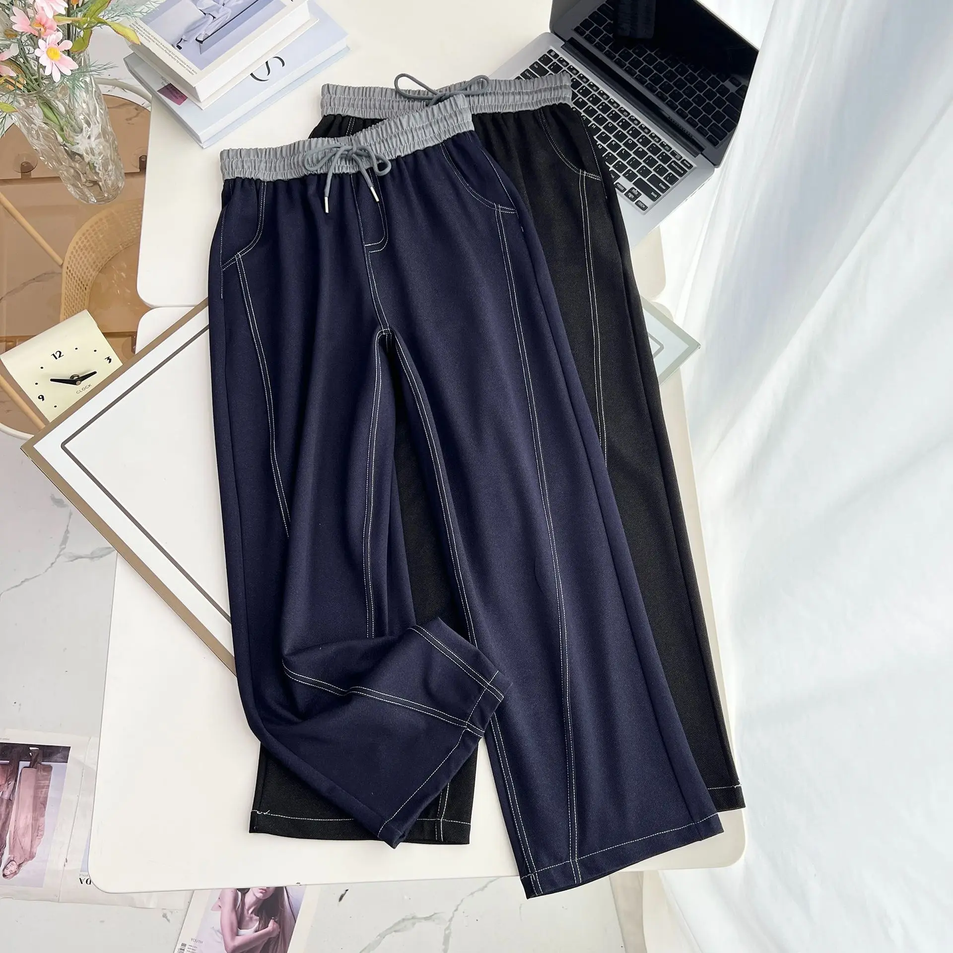 Fashion Plus Size Women's Jeans Autumn New Style Casual Drawstring Waist Color Blocking Curved Knife Straight Leg Pants 26001