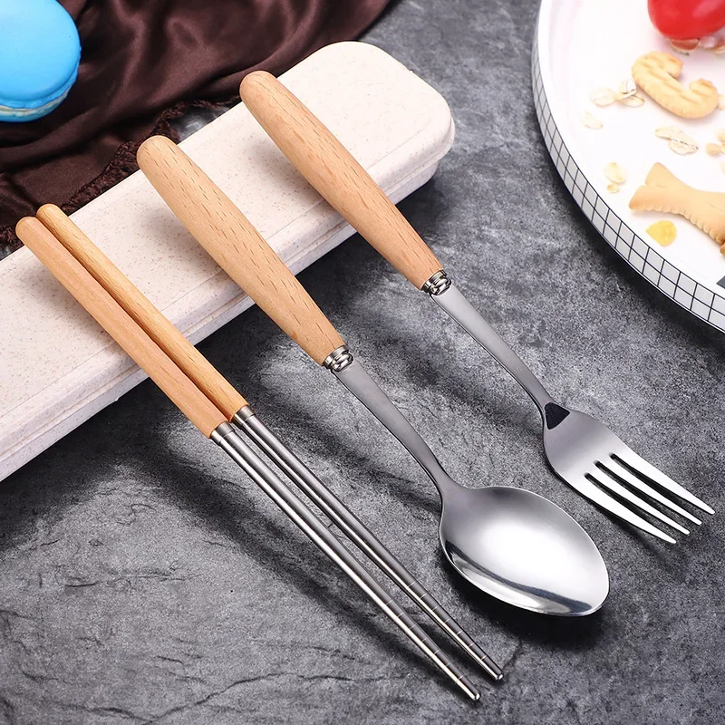 Wooden handle stainless steel tableware three-piece set Chopsticks fork spoon Students outdoor travel gift tableware set