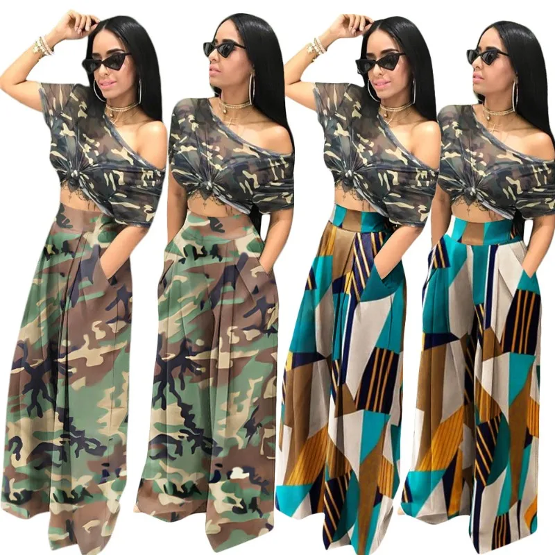 Camouflage Printed Elastic Waist Wide Leg Pants for Women 2023 Autumn Casual Loose Pleated Trousers Streetwear