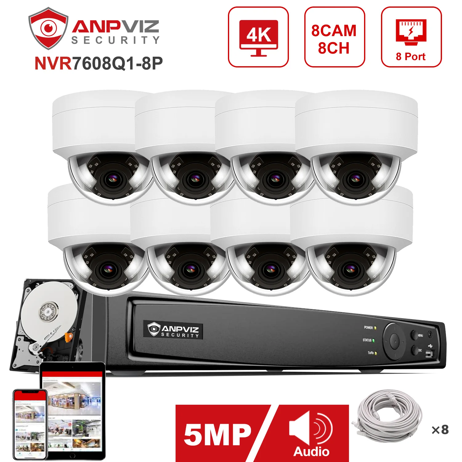 

Anpviz 5MP POE IP Security Camera System 8CH 4K NVR Audio Outdoor Security CCTV Surveillance Protection Kit IR 30m P2P View