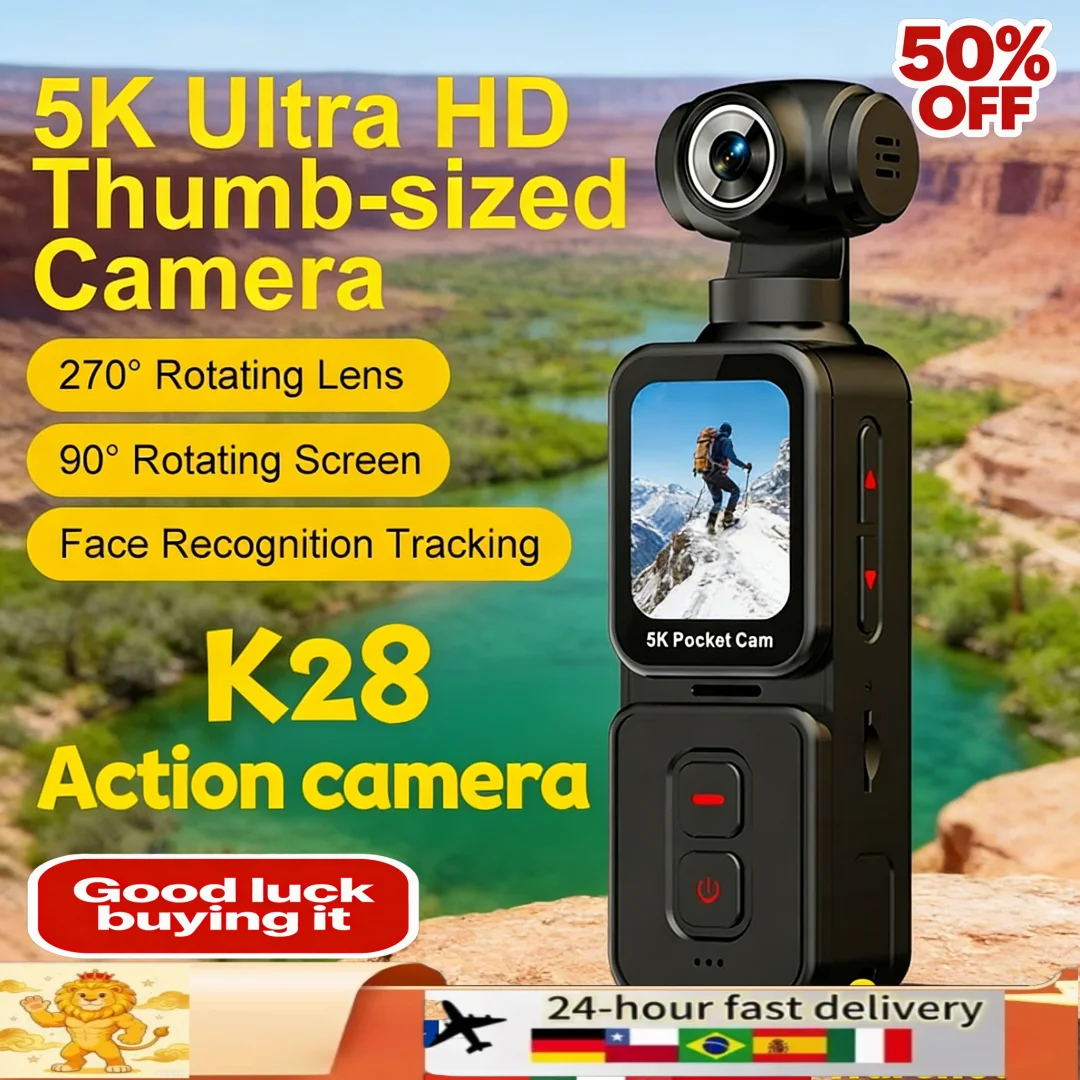 K28 5K Ultra Clear Handheld Action Camera Follow Automatic Shot Sports Thumb Camera 1.69-inch Face Recognition 270°Rotating Lens