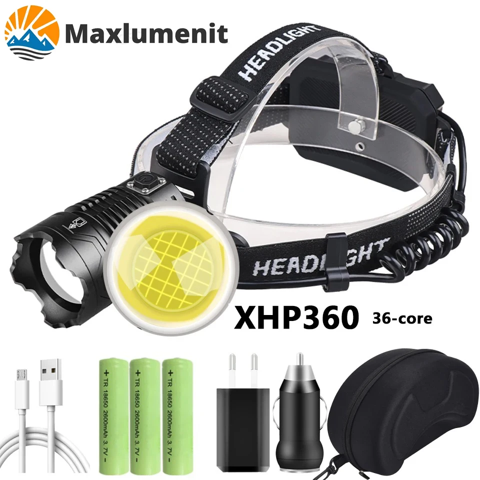 Налобный фонарь XHP360/XHP90, светодиодный фонарь высокой мощности с аккумулятором 18650 и функцией увеличения