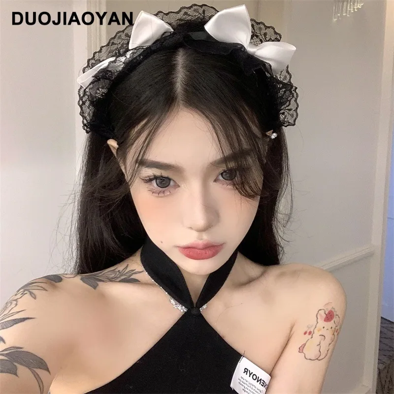 New Black Lace French Style Bow Headband Sweet Cos Maid Japanese Lolita Hair Accessories Wholese