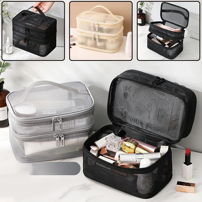 Double Layered Mesh Travel Makeup Bag Multifunctional Storage Case_voghion.com