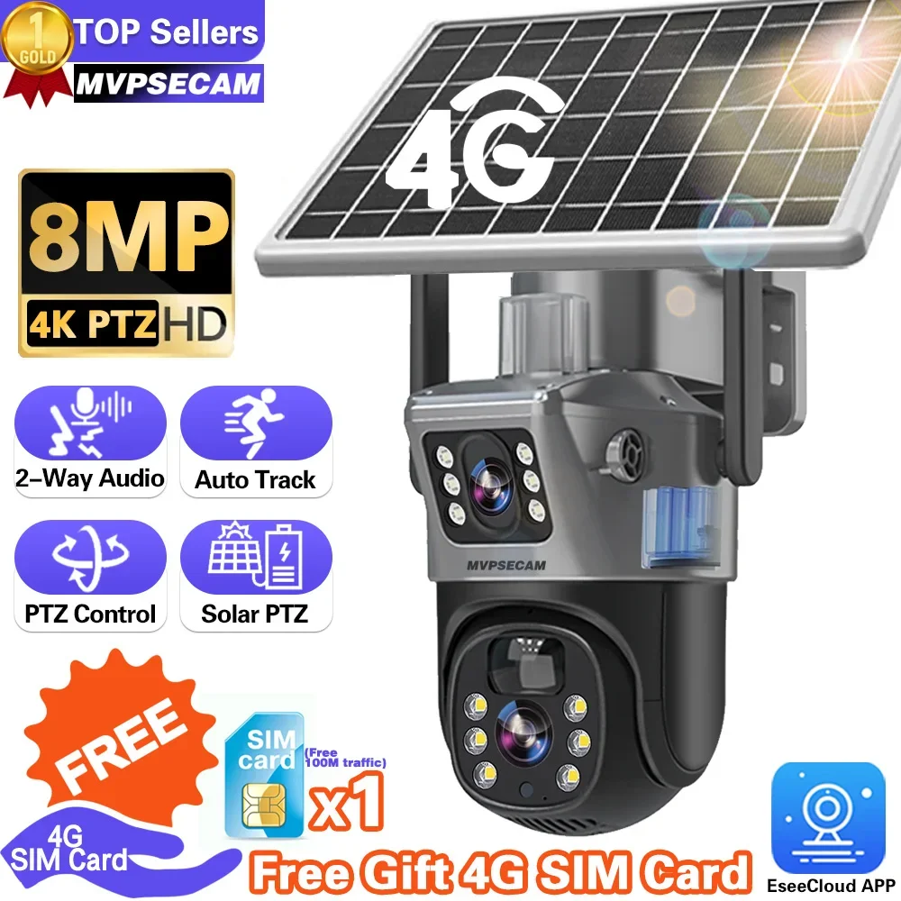4K 8Mp Batteria Solare Telecamere Ptz Regalo Gratuito 4G Sim Card Dual Lens Dual Screen Protezione Di Sicurezza Esterna Pir Auto Tracking Cctv