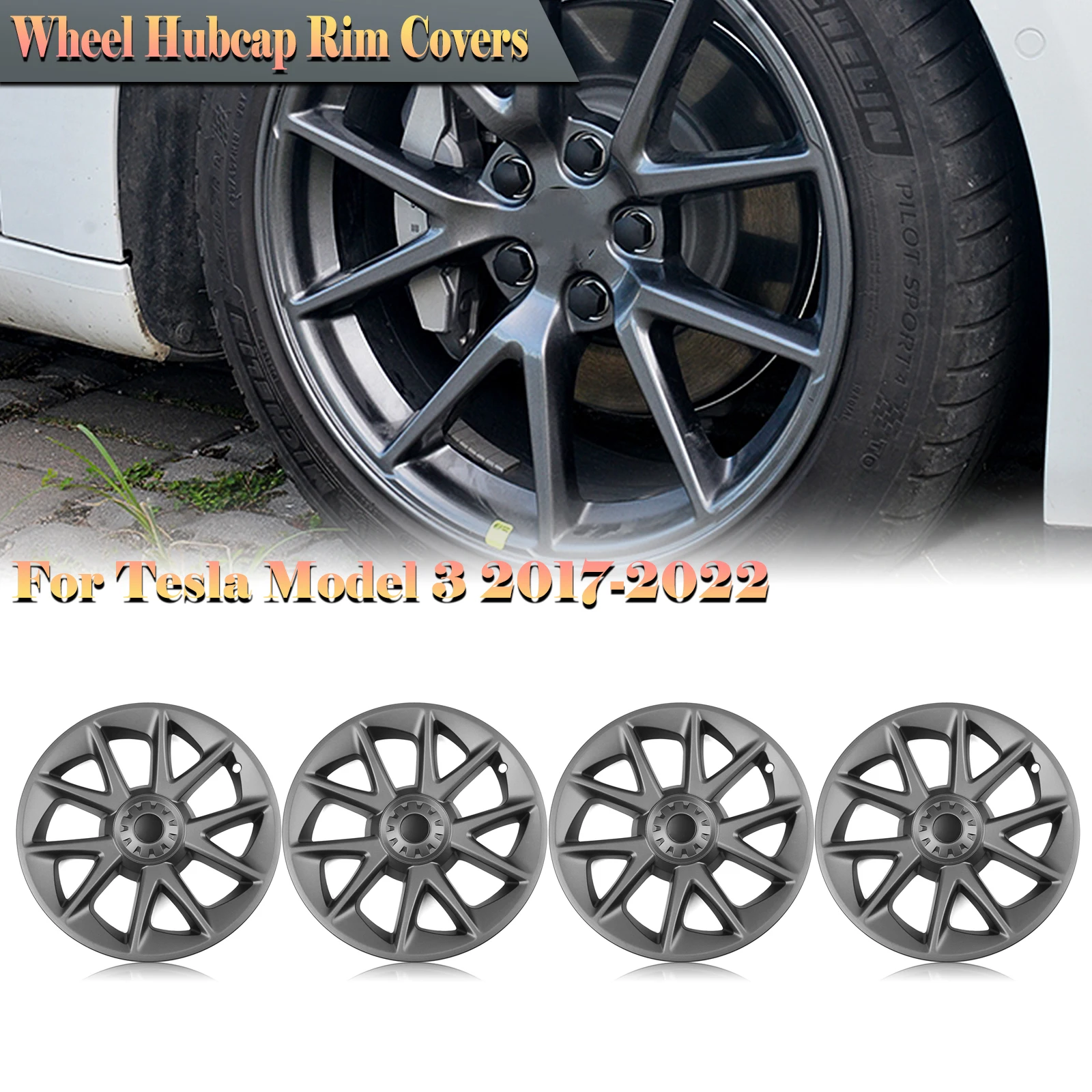 

4pcs/set 18" Wheel Cover Hubcaps Rim Cover For Tesla Model 3 2017-2023 Blade Style Gray 18 Inch Car Exterior Full Hub Caps Kit