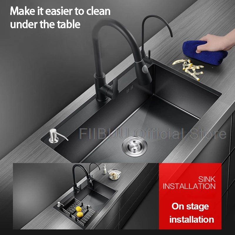 Black Nano Kitchen Sink 304 Stainless Steel Large Capacity Single Slot Thicken Vegatable Workstation with Multiple Accessories
