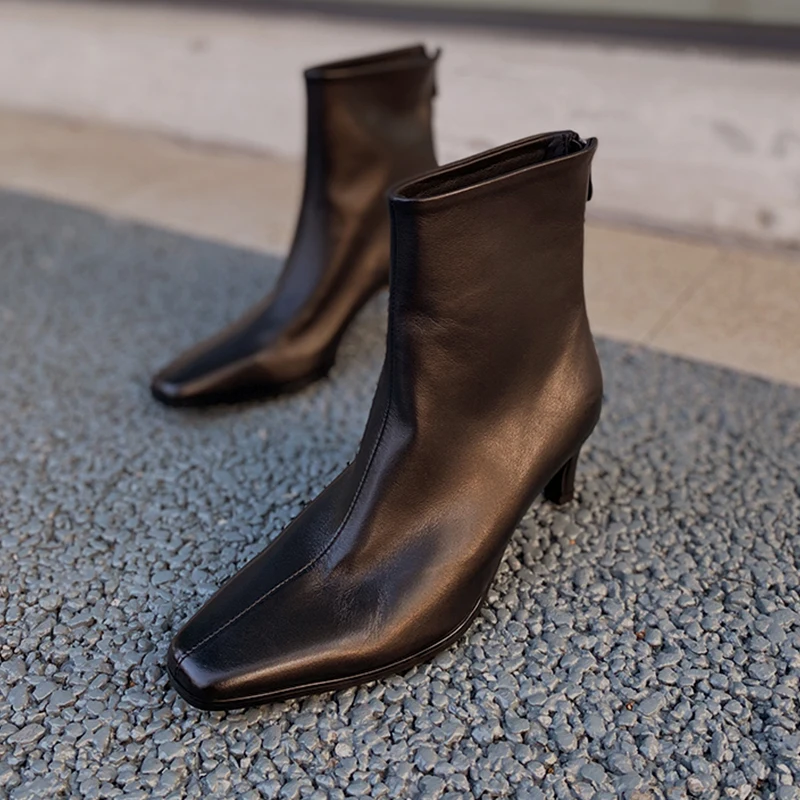 

Heihaian Short Boots 2023 Autumn And Winter New Leather Square Skinny Heel Boots Korean Version Of Commuter Short Boots Women