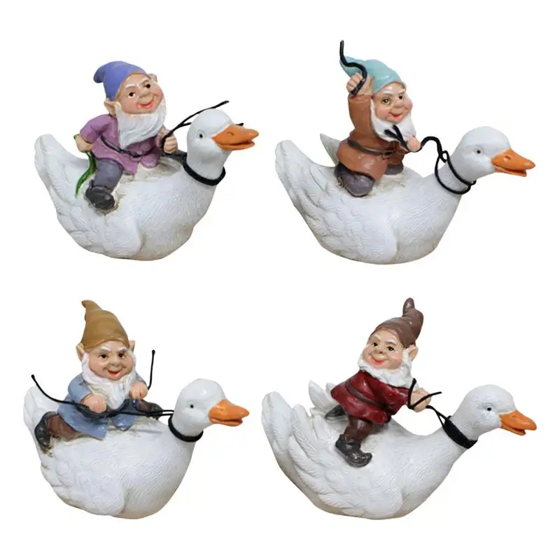 

4pcs Garden Gnomes Outdoor Vintage Gnome Miniature Decor Elf Sitting on Duck Dwarf Gnome Statue Garden Ornaments Elf Home Decor