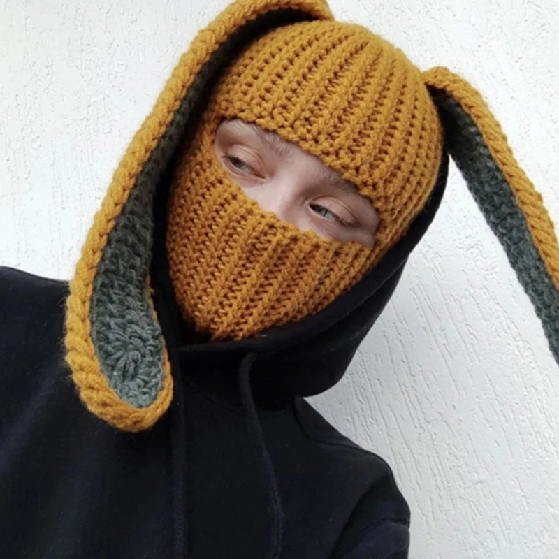 帽子 c0mi / new iruse2 23aw lop ear balaclava Y2k Knit Balaclava Face Mask for Women Men Bunny Ear Horn