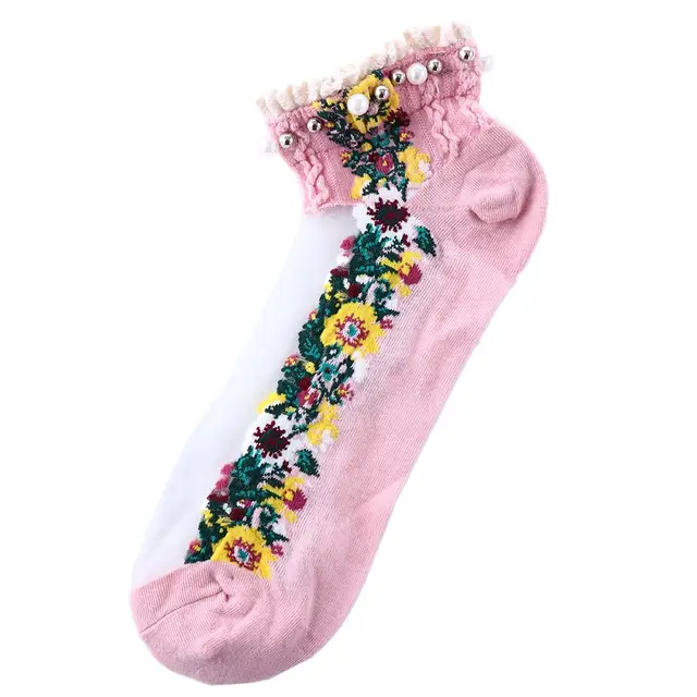 Fashion Elastic Socks Crystal Glass Silk Ultrathin Lace Literary Sale 1 Pair Summer Transparent Jacquard Short Socks E