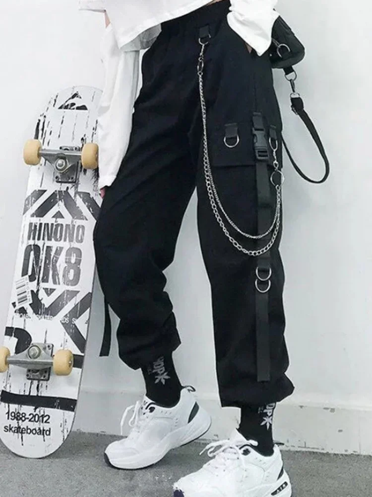 

Gothic Women Black Cargo Pants Harajuku Punk Chain Trousers Female Hip Hop Mall Goth Streetwear Techwear Egirl Grunge