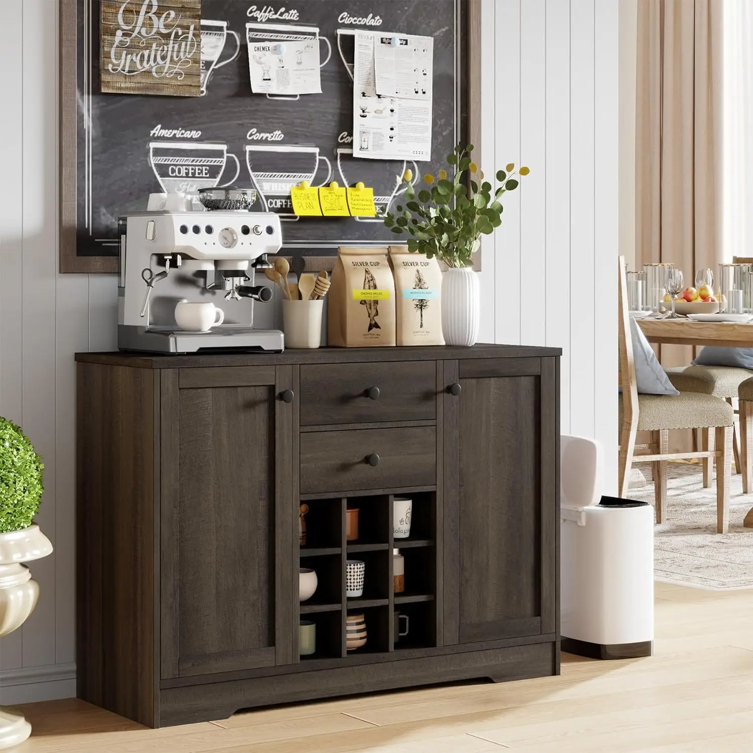

Buffet Sideboard Bar Cabinet with Storage, Farmhouse Coffee Bar Cabinet with 2 Drawers and Adjustable Shelves,