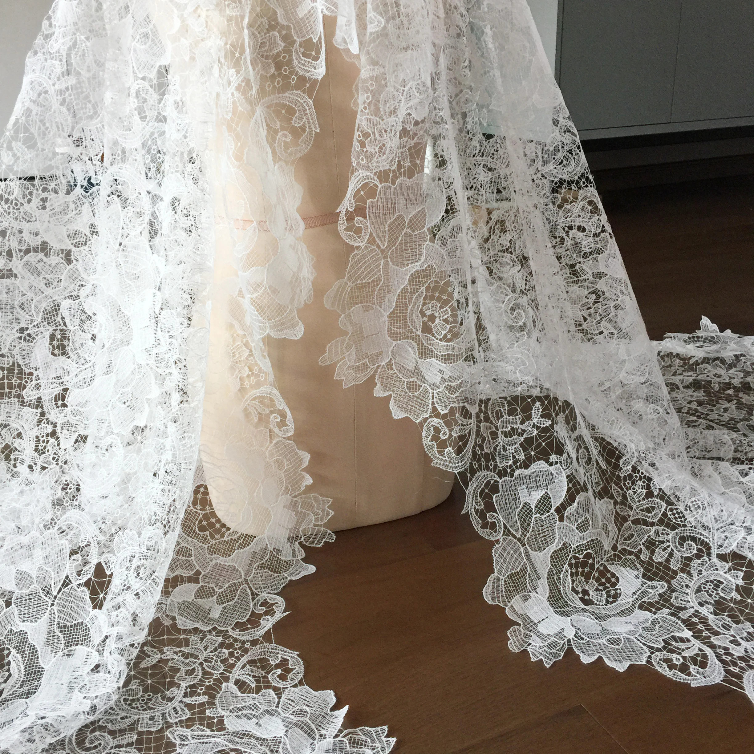 1 Yard Ivory Exquisite Alencon Lace Fabric with Crochet Pattern Floral Emrboidery Fabric for Wedding Gown, Lace Caps 1