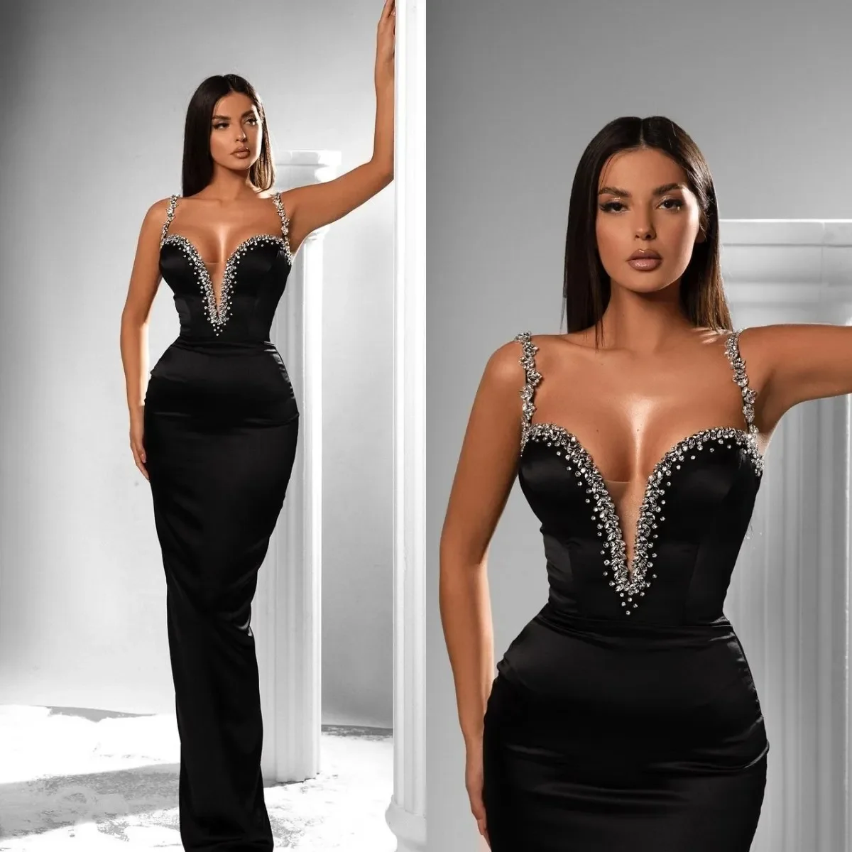 

Gorgeous Black Evening Dresses 2024 Beads Straps Sweetheart Formal Mermaid Party Prom Gowns Pleats Dress For Special Occasion