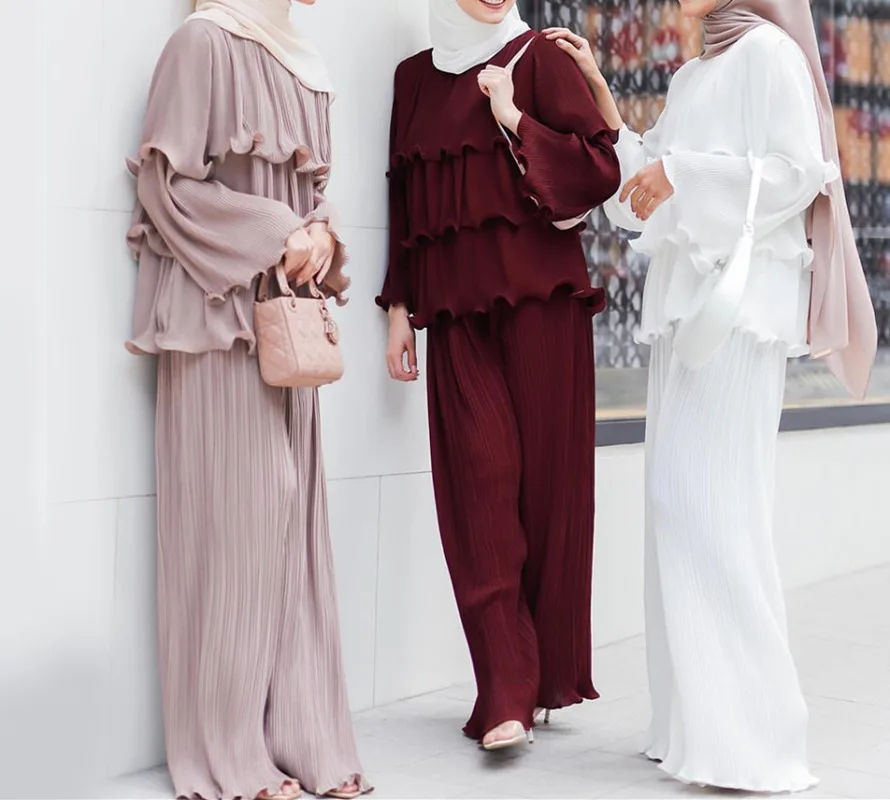 

Дубай Турция плиссированный топ с оборками Широкие штаны Baju Kurung Bordir Малайзия комплект модный роскошный мусульманский женский костюм