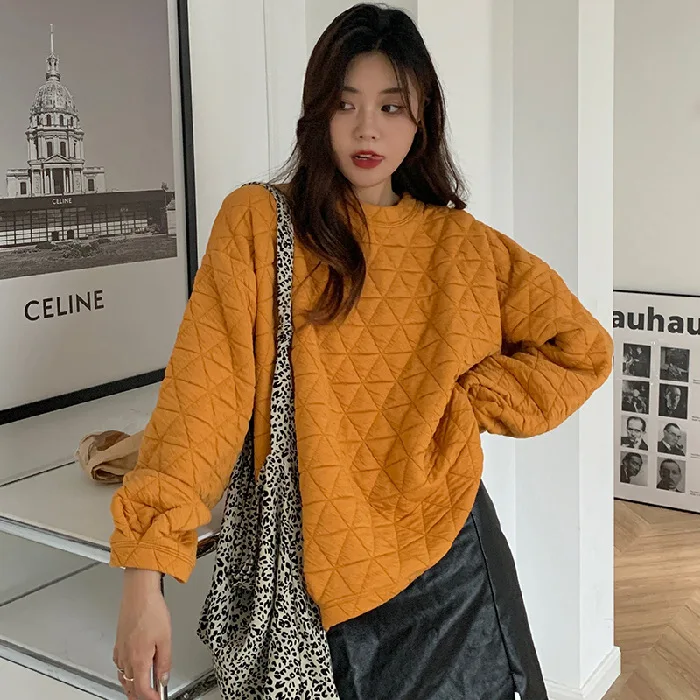 

Casual Pullovers Women Personality Triangle Rhombus Check Cotton Quilted Pullover Collapsed Shoulder Long Sleeve Loose Thick Top