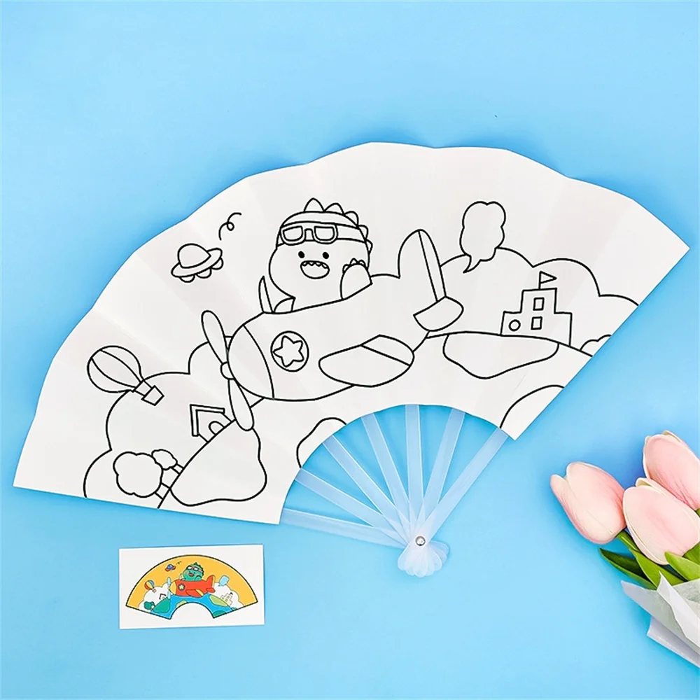 Blanks Hand Fan Folding Fan Children Diy Painting Graffiti Folding Cute Cartoon Coloring Student Artcraft Toy